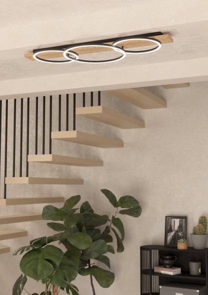Boyal Natural Timber with Black 3 Ring LED Contemporary Close to Ceiling