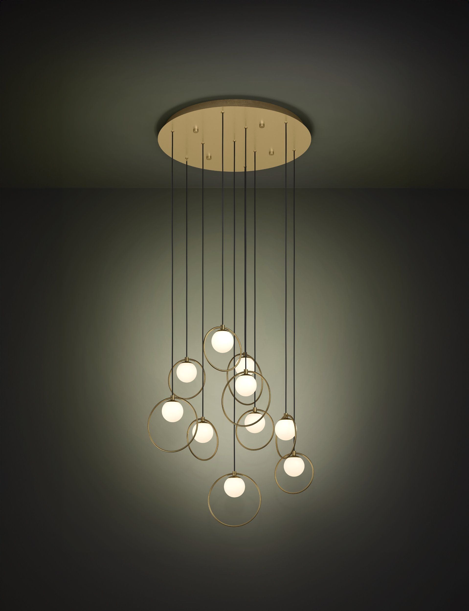 Portocolom 10 Light Round Brass and Opal Glass Contemporary Feature Pendant