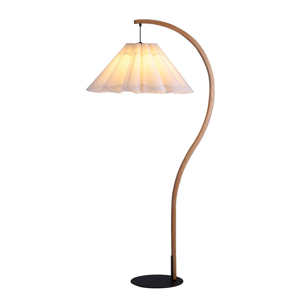 Esther Arched Timber and White Pleated Contemporary Floor Lamp