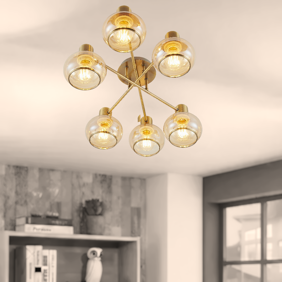 Marbell 6 Light Antique Brass with Amber Glass Retro Classic Close to Ceiling