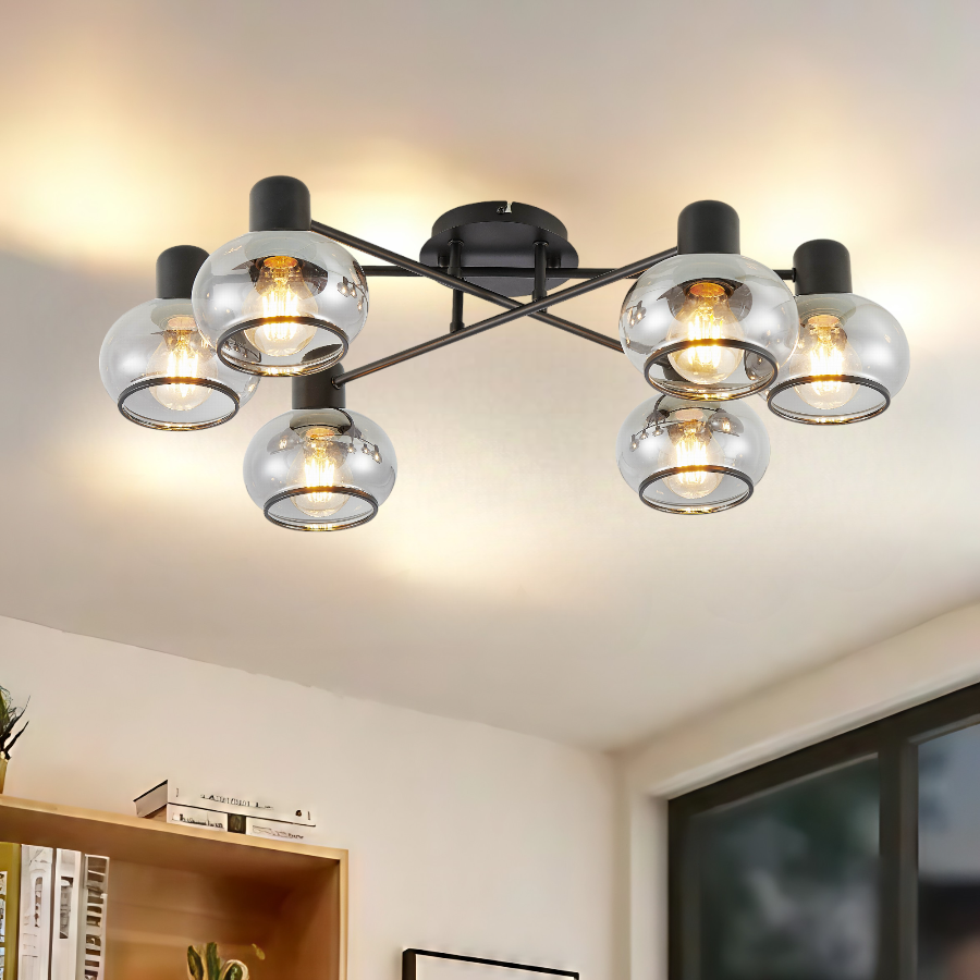 Marbell 6 Light Black with Smoke Glass Retro Classic Close to Ceiling