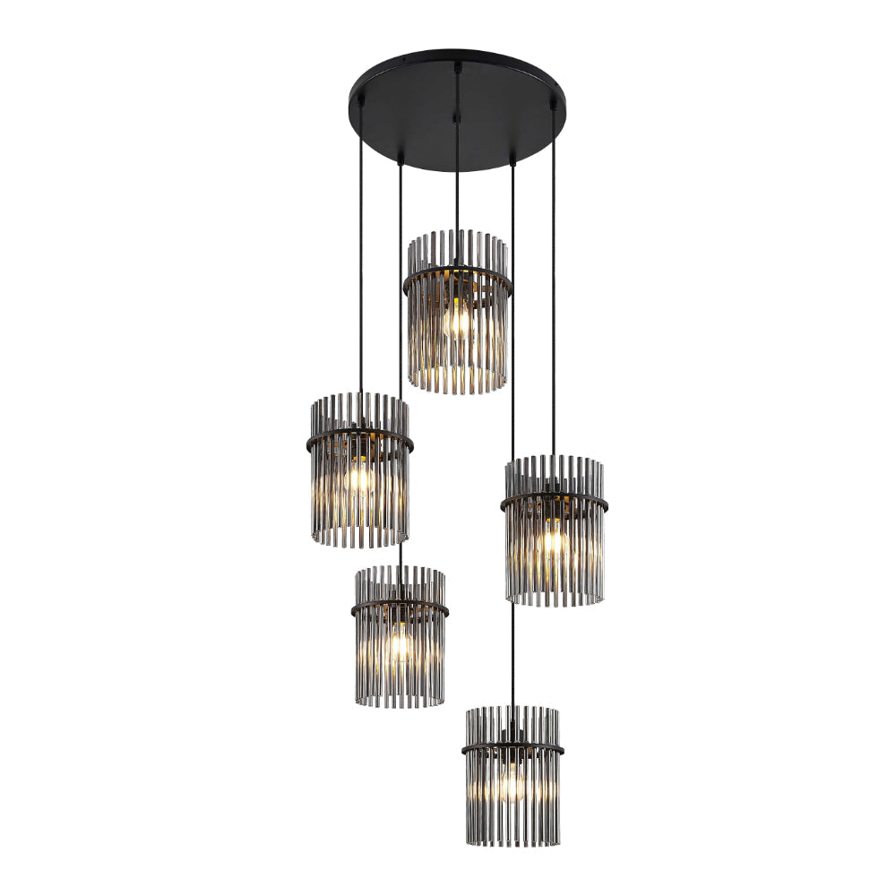 Quilo 5 Light Cluster Black with Smoke Fluted Glass Modern Pendant