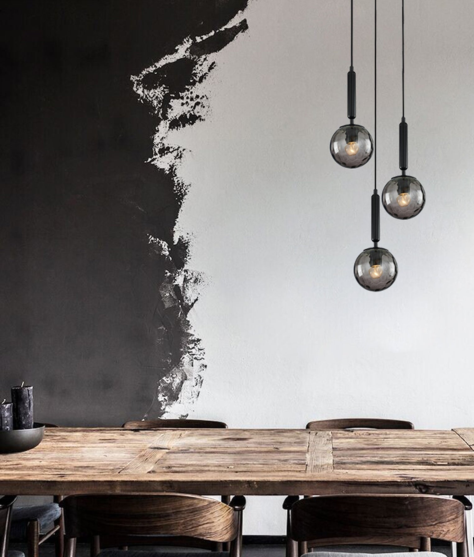 Trattino 3-Light Cluster Black and Smoke Spherical Dimple Glass Pendant