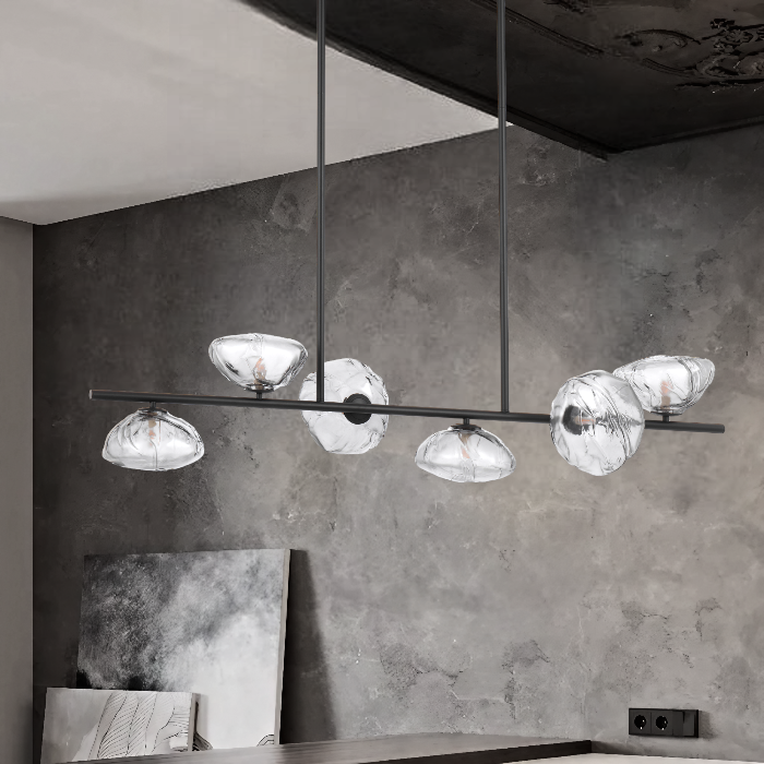 Zecca 6 Light Black with Smoke Textured Glass Contemporary Linear Pendant