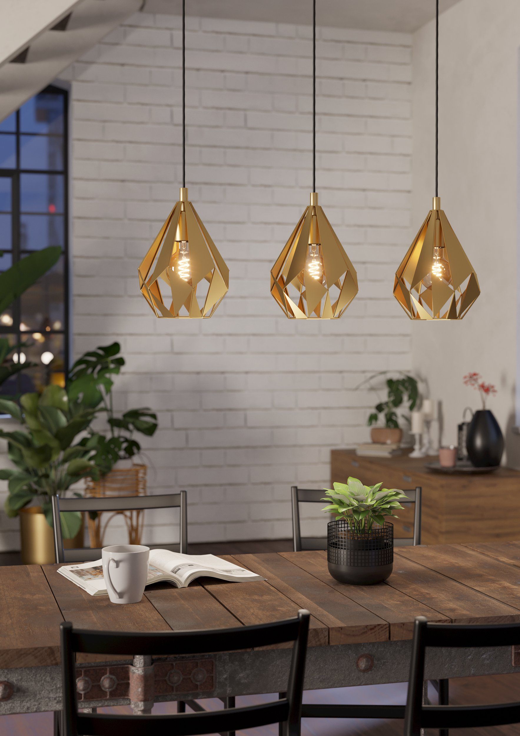 Carlton Matt Brass Small 3 Light Bar Prism Cut Pendant
