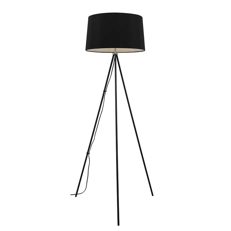 Black tripod floor shop lamp with shelves
