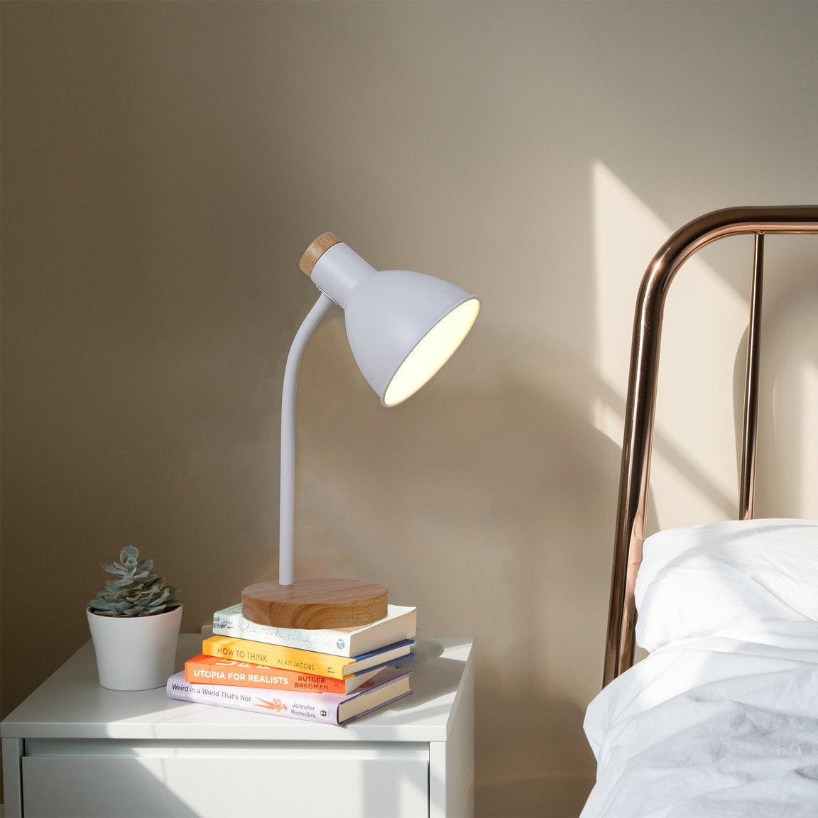 Merete White and Timber Modern Desk Table Lamp