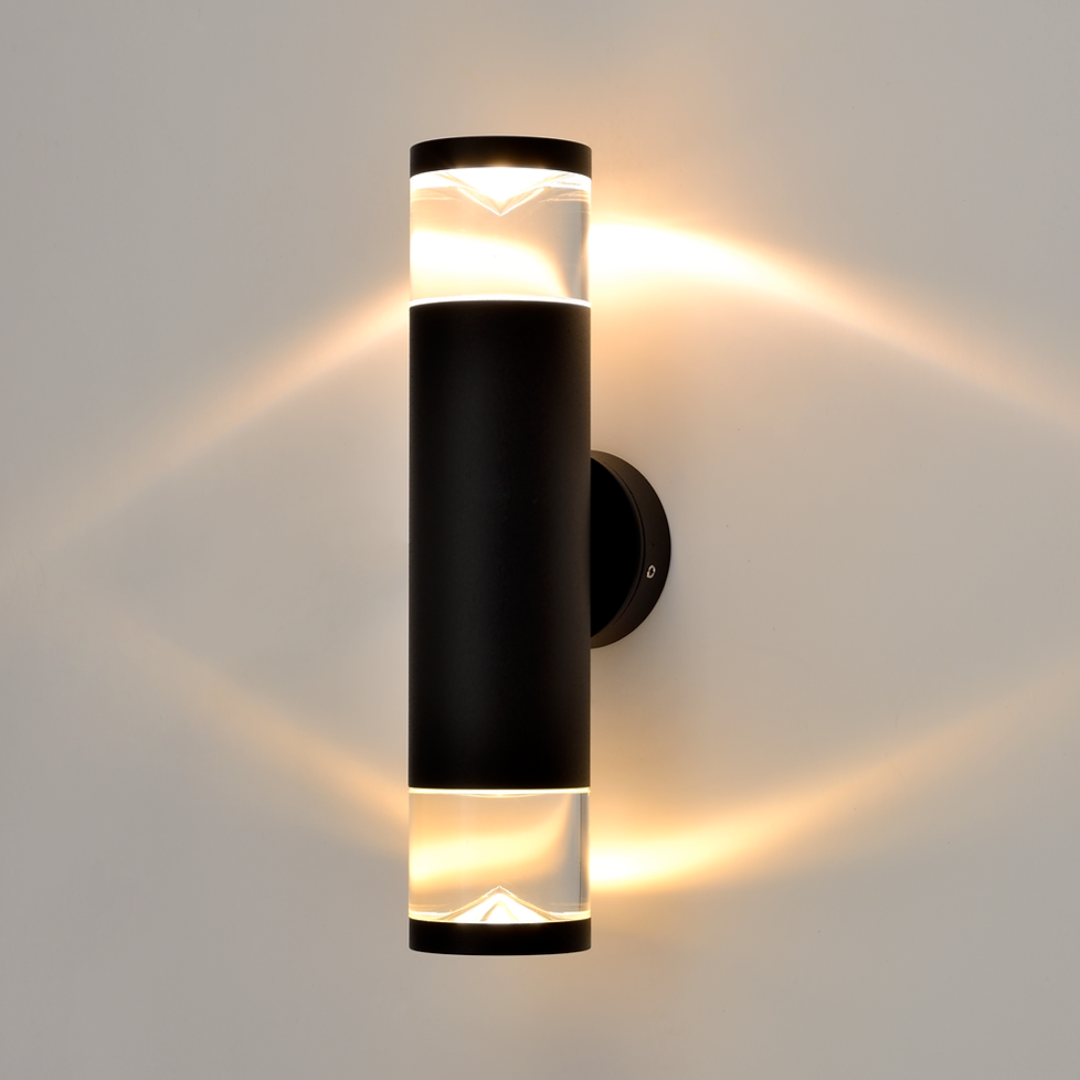 ST5089 2 Light Up Down Black Cylinder Pillar Exterior Wall Light