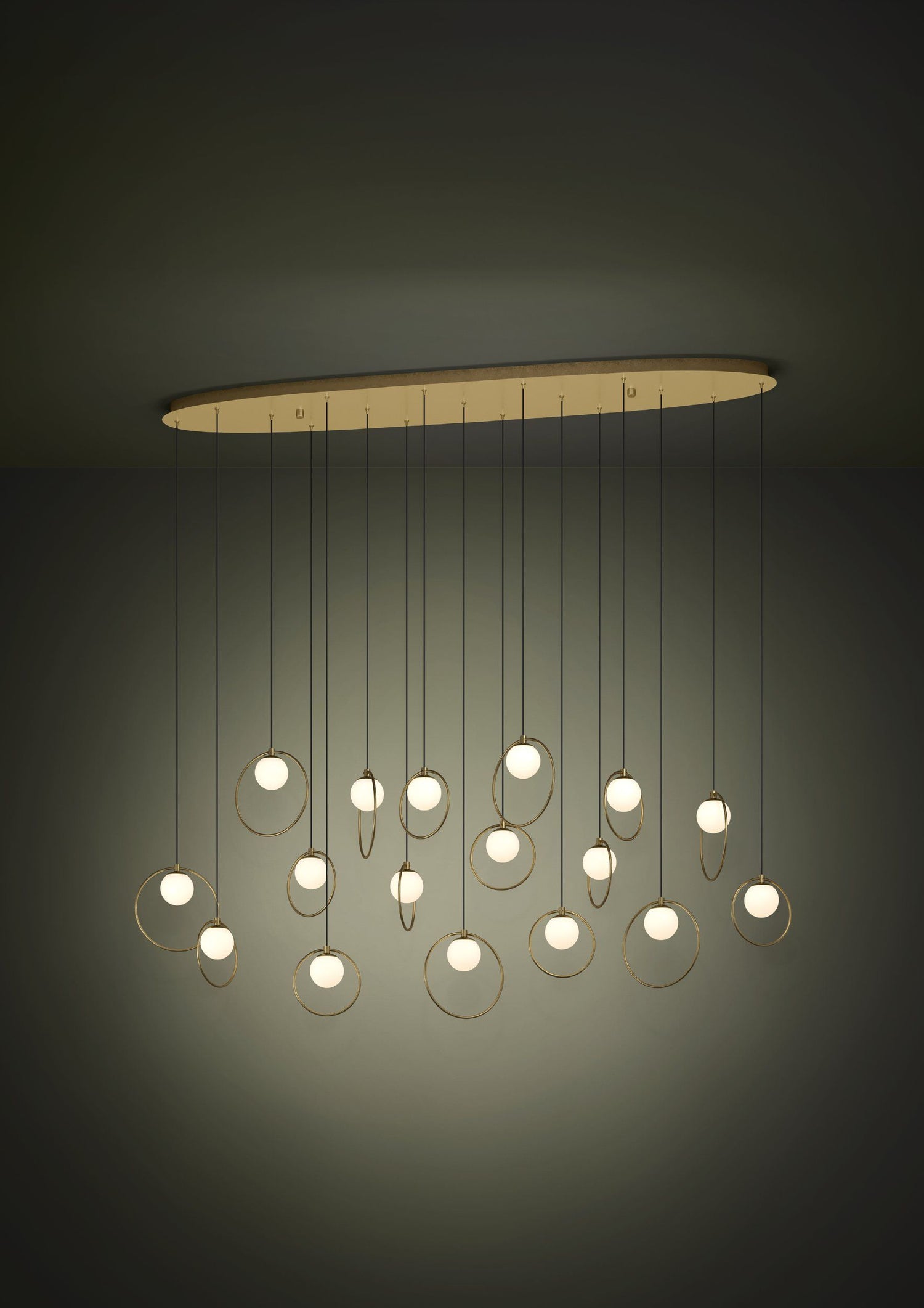 Portocolom 17 Light Oblong Brass and Opal Glass Contemporary Feature Pendant