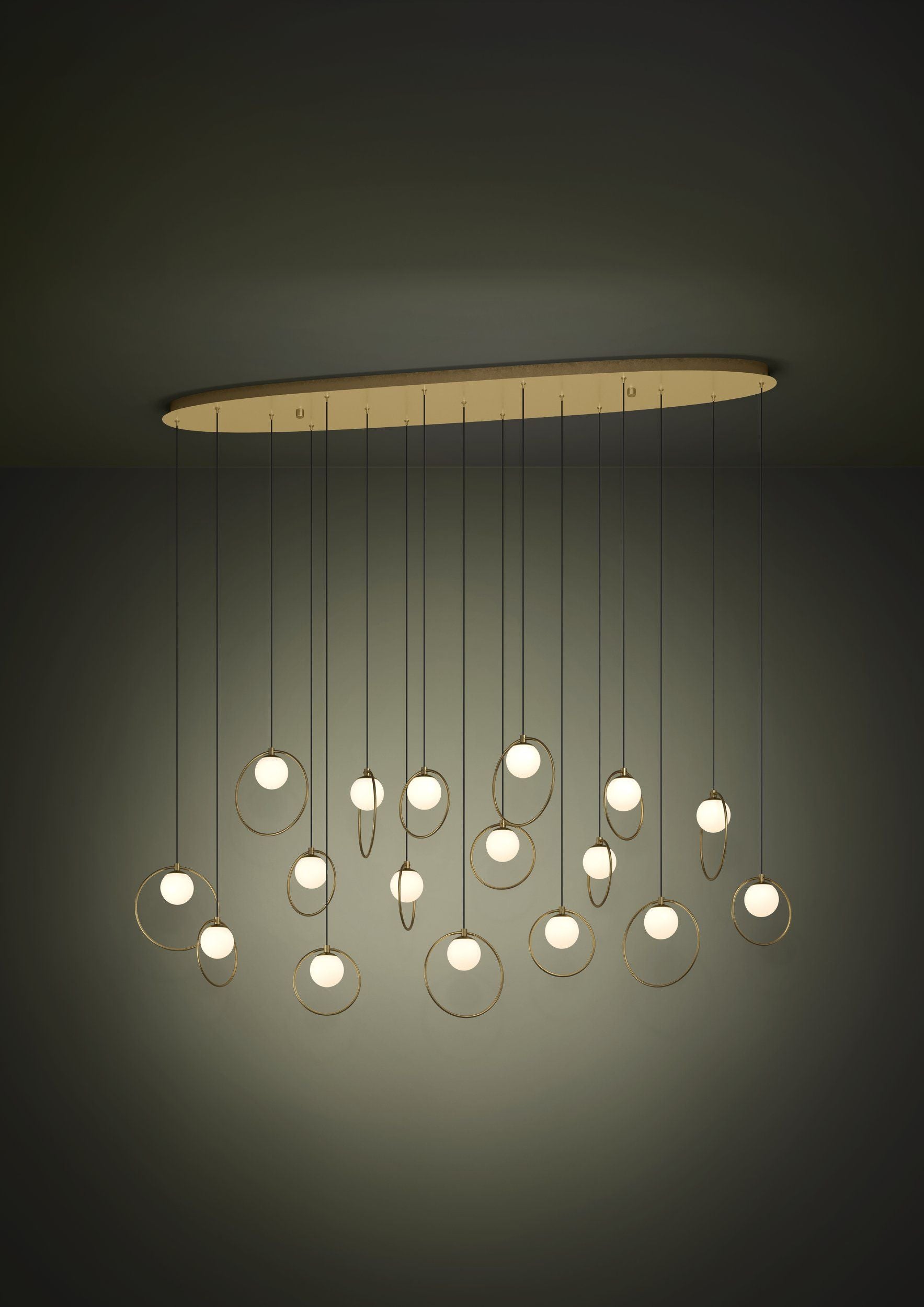 Portocolom 17 Light Oblong Brass and Opal Glass Contemporary Feature Pendant