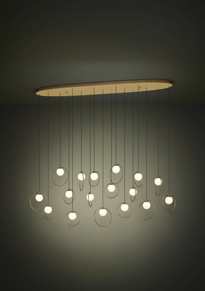 Portocolom 17 Light Oblong Brass and Opal Glass Contemporary Feature Pendant