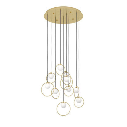 Portocolom 10 Light Round Brass and Opal Glass Contemporary Feature Pendant