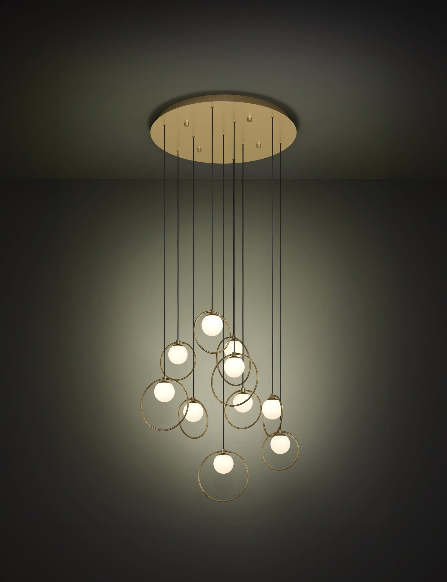 Portocolom 10 Light Round Brass and Opal Glass Contemporary Feature Pendant