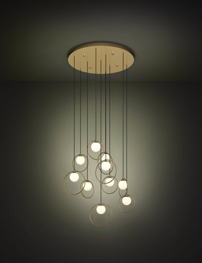 Portocolom 10 Light Round Brass and Opal Glass Contemporary Feature Pendant