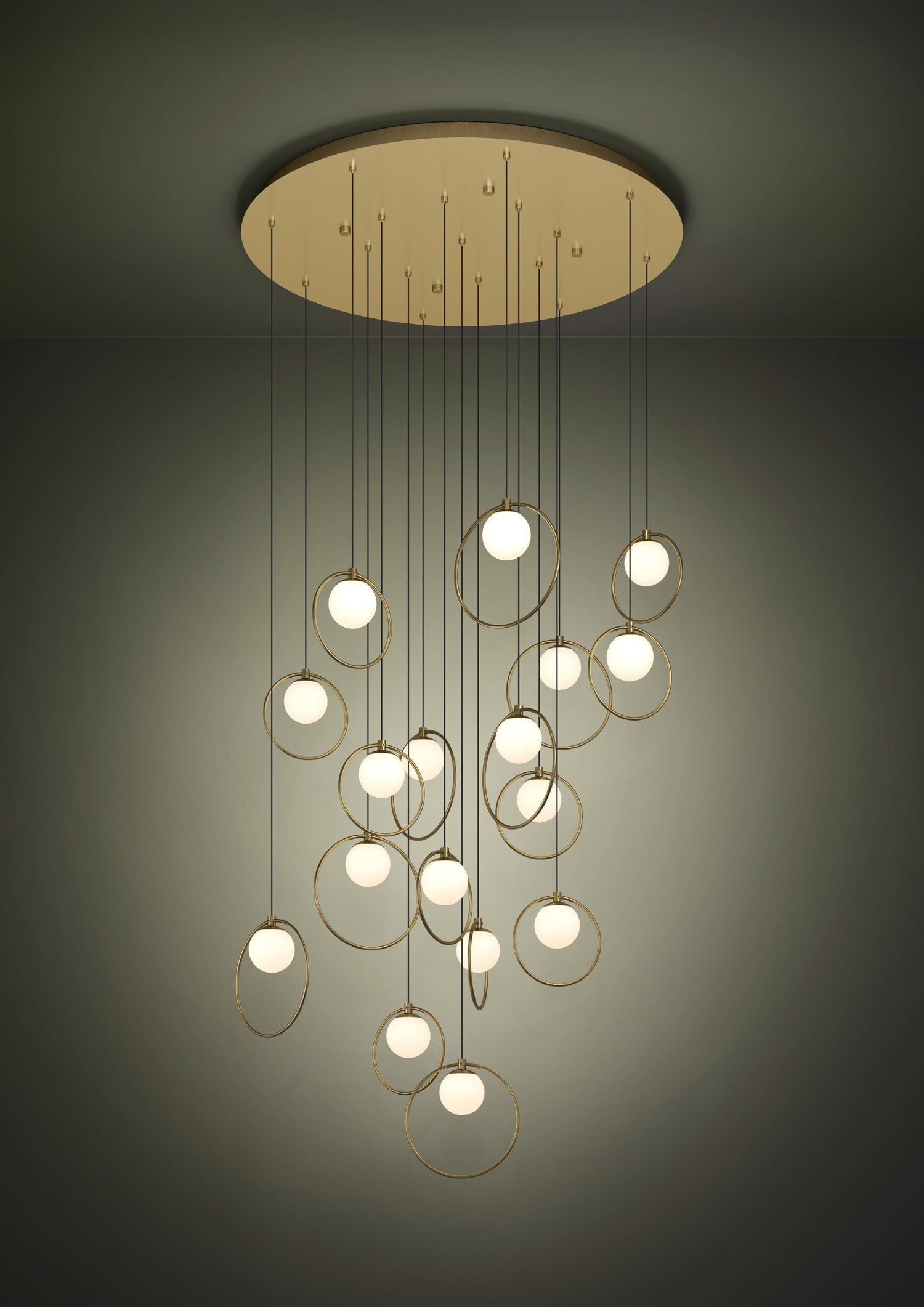 Portocolom 17 Light Round Brass and Opal Glass Contemporary Feature Pendant