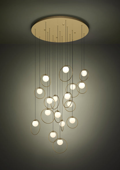 Portocolom 17 Light Round Brass and Opal Glass Contemporary Feature Pendant