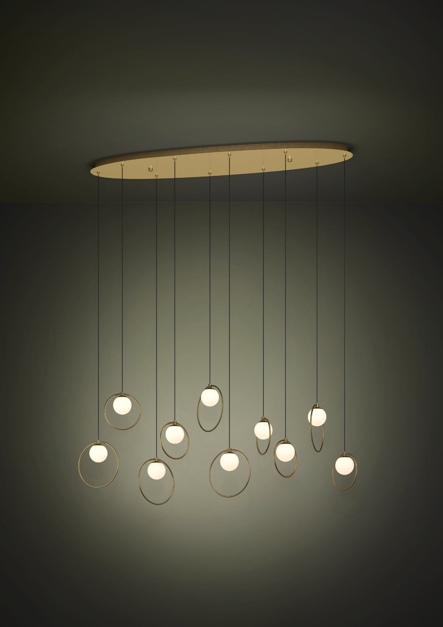 Portocolom 10 Light Oblong Brass and Opal Glass Contemporary Feature Pendant