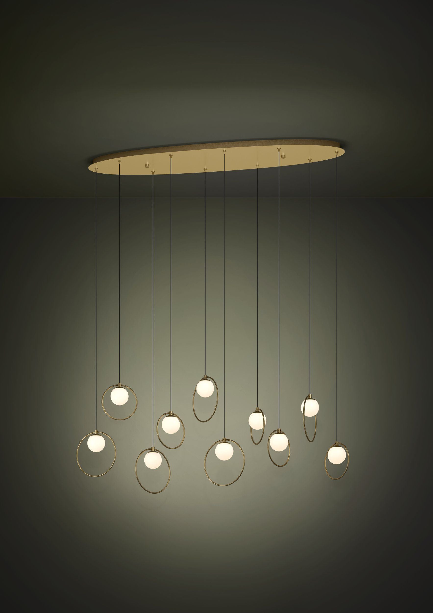 Portocolom 10 Light Oblong Brass and Opal Glass Contemporary Feature Pendant