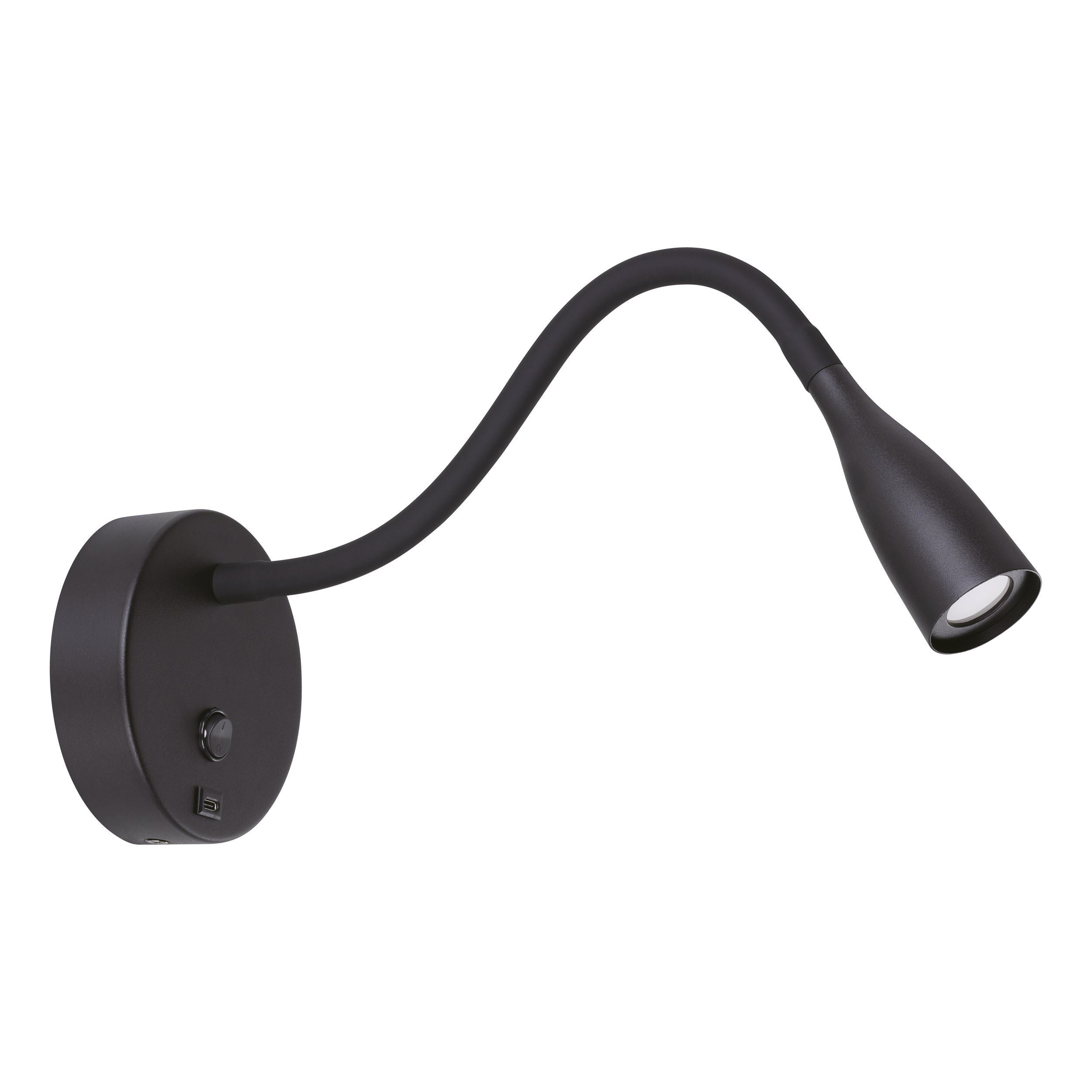 Olivandino Black Modern Goose-Neck with USB-C Port Wall Task Light