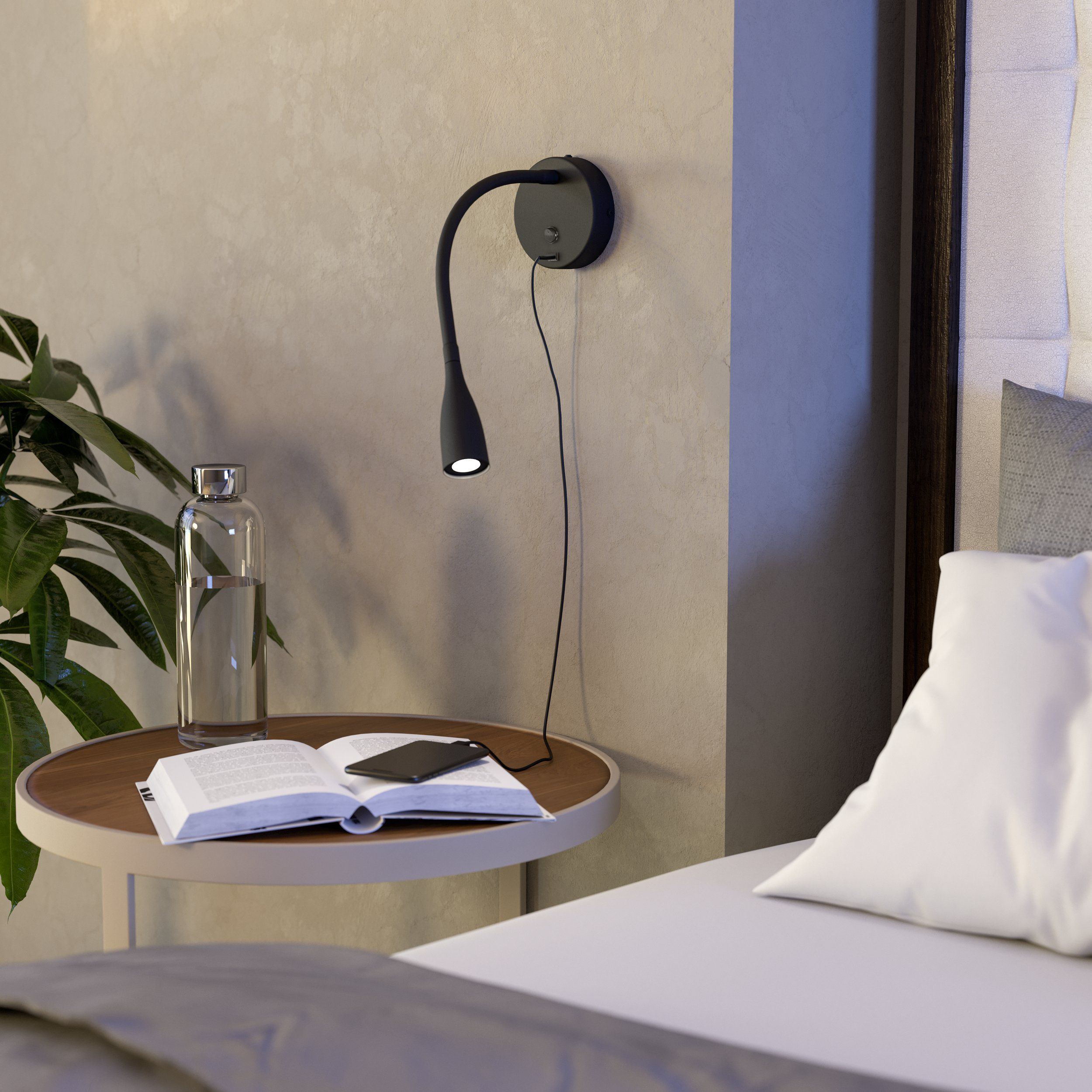 Olivandino Black Modern Goose-Neck with USB-C Port Wall Task Light