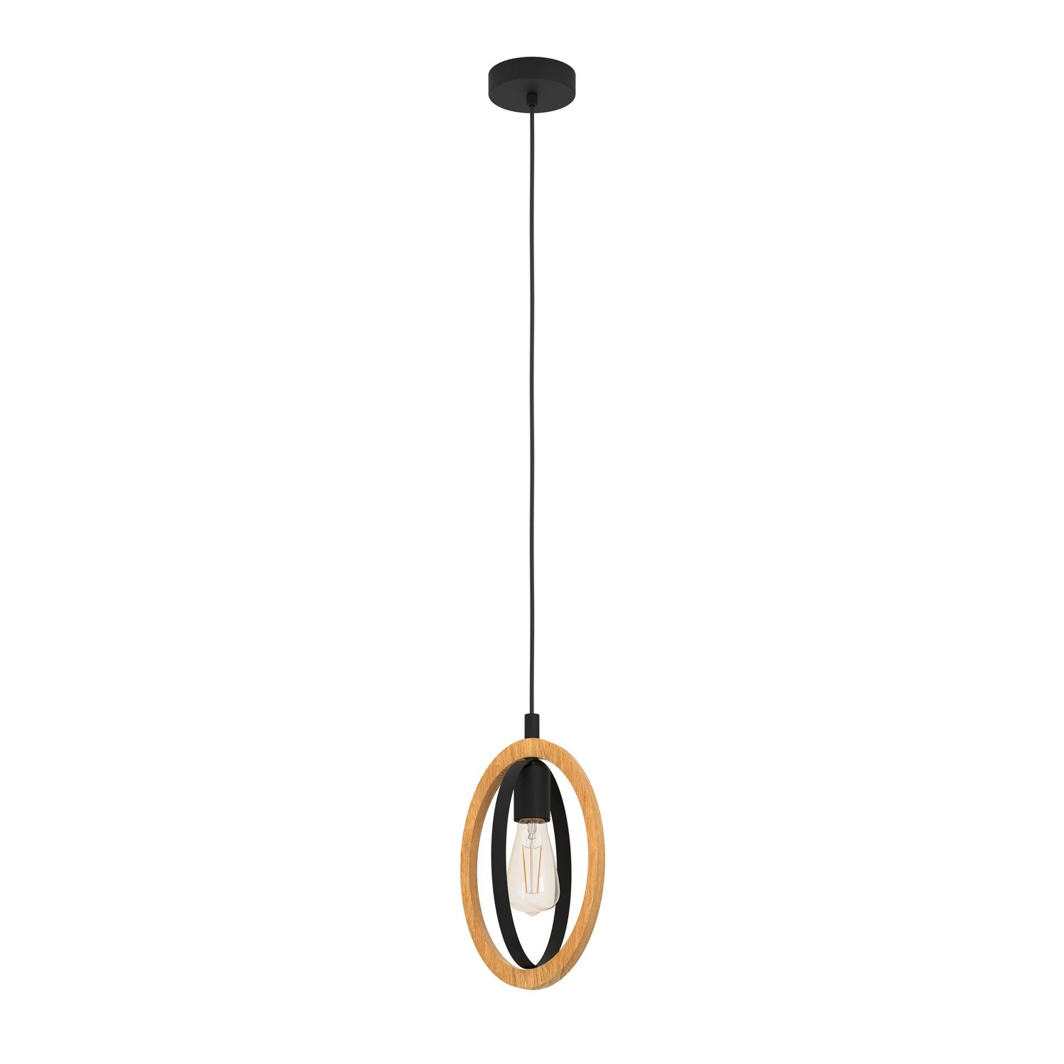 Basildon Black and Timber 1 Light Round Pendant