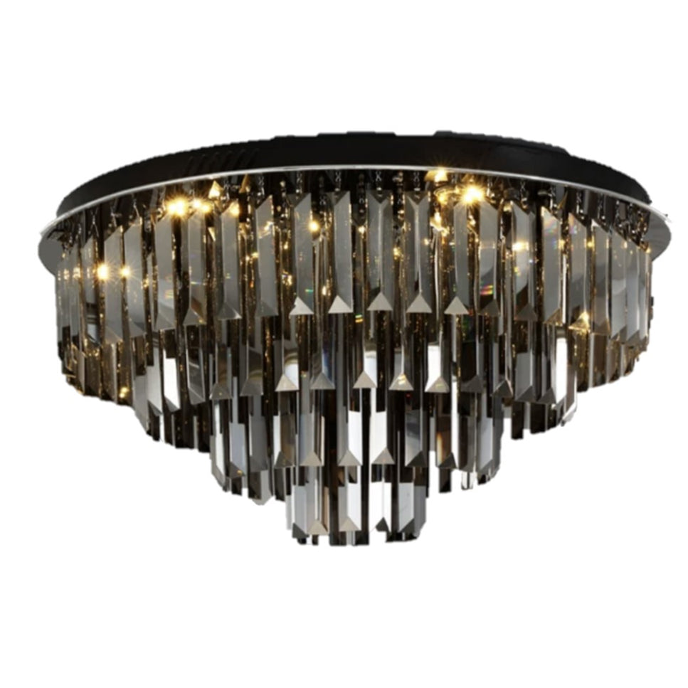 QL9020 600mm Black and Smoke 10-Light Round Crystal Traditional Close to Ceiling Fixture