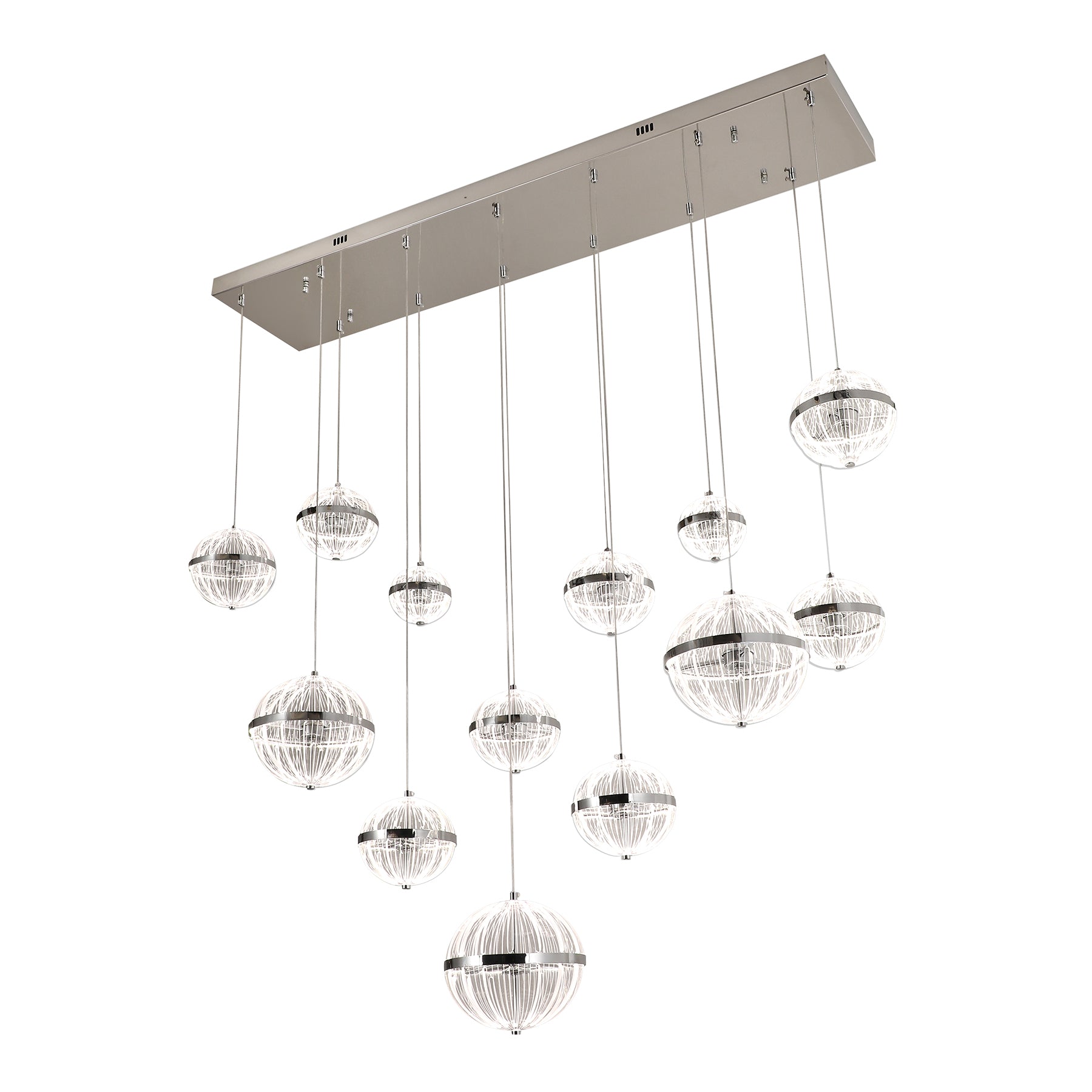 Messina 1500mm Linear Chrome and Pattern Acrylic Tri-Colour Remote Controlled Chandelier