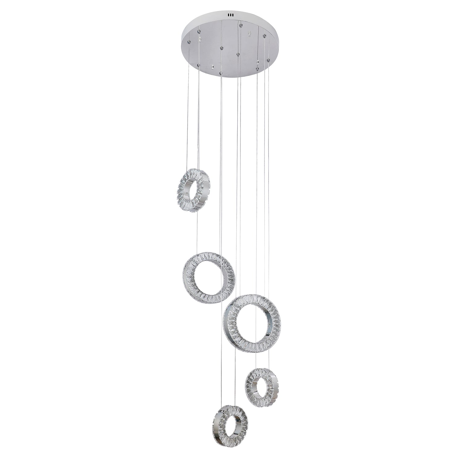 Ronda 5 Ring Cluster Chrome and Crystal Tri-Colour Remote Controlled Chandelier