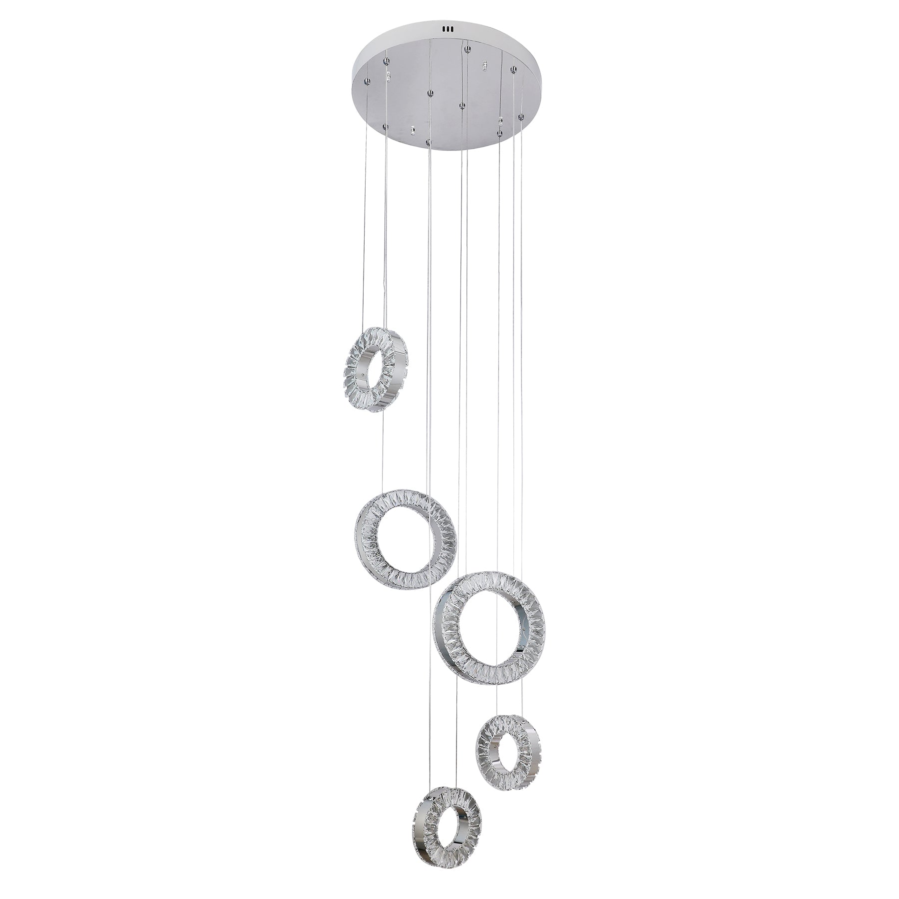 Ronda 5 Ring Cluster Chrome and Crystal Tri-Colour Remote Controlled Chandelier