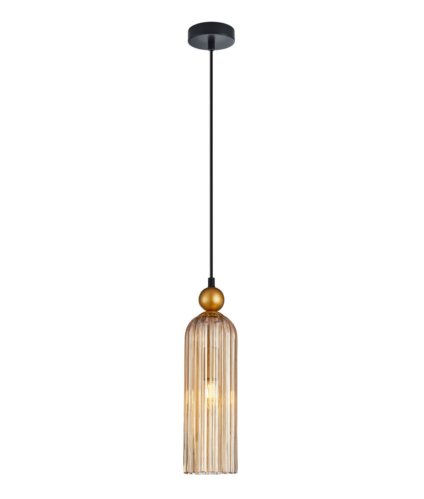 Flauta Gold and Ribbed Amber Glass Retro Pendant