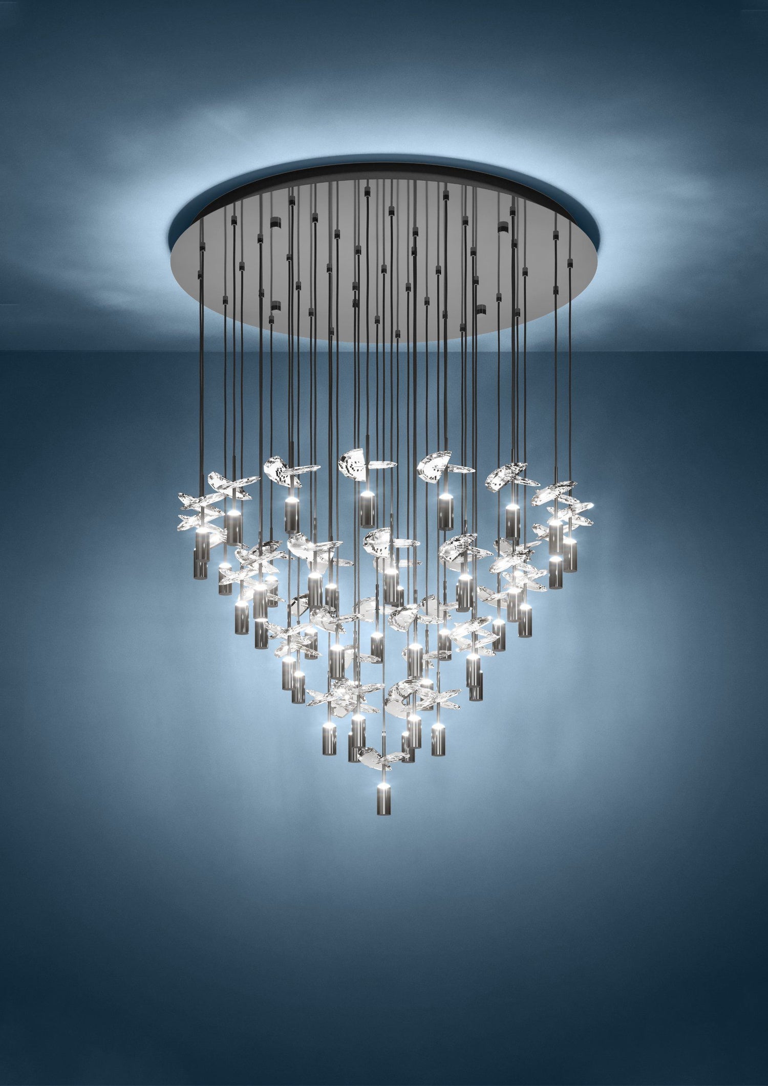 Comareira Nickel-Nero and Crystal 43-Light LED Tri-Colour Contemporary Chandelier