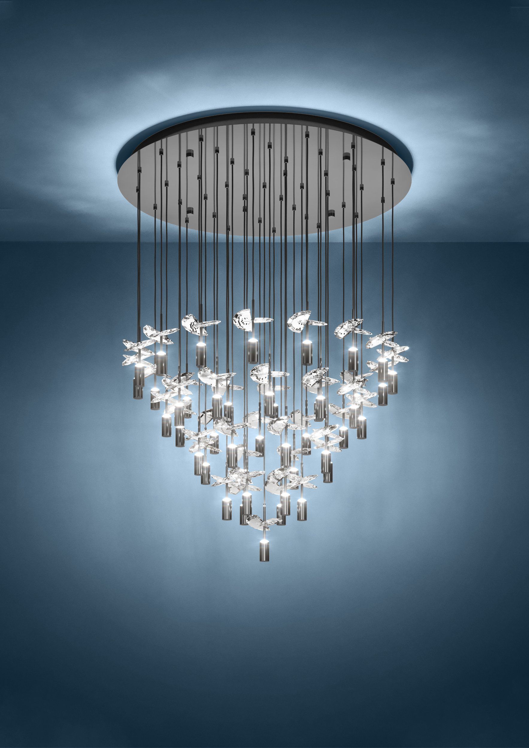 Comareira Nickel-Nero and Crystal 43-Light LED Tri-Colour Contemporary Chandelier