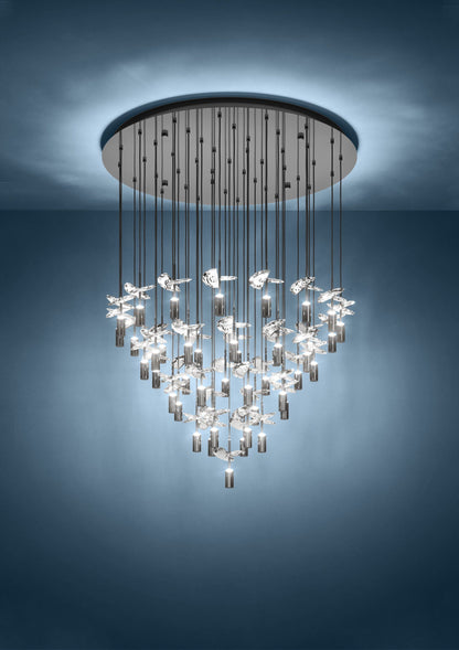 Comareira Nickel-Nero and Crystal 43-Light LED Tri-Colour Contemporary Chandelier