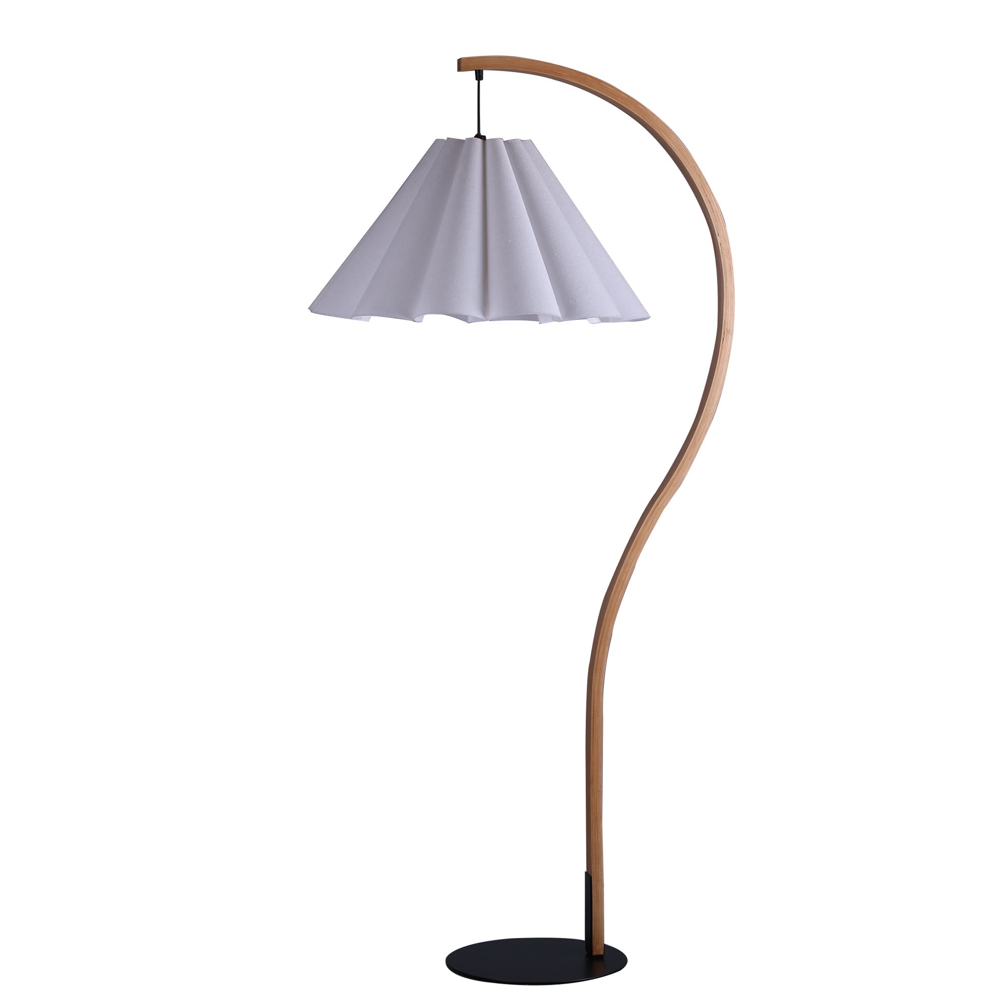 Esther Arched Timber and White Pleated Contemporary Floor Lamp