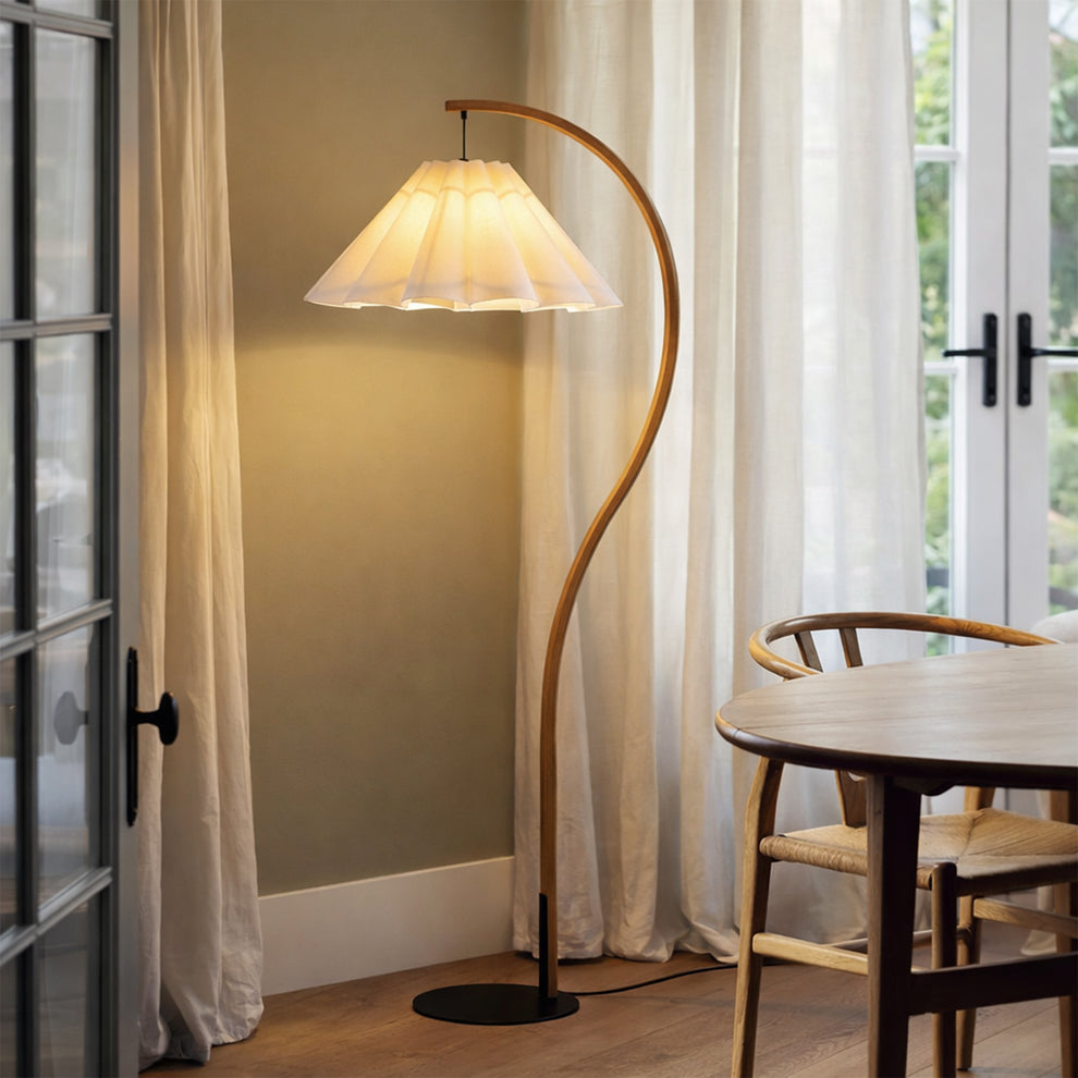 Esther Arched Timber and White Pleated Contemporary Floor Lamp