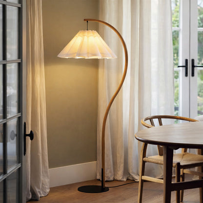 Esther Arched Timber and White Pleated Contemporary Floor Lamp