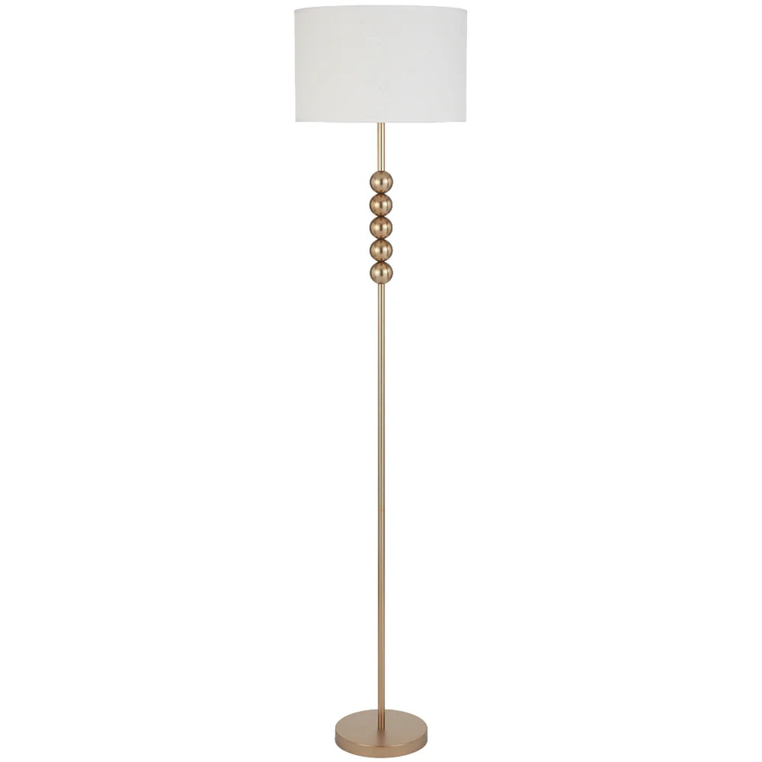 Floor lamp with a white shade and gold base on a white background