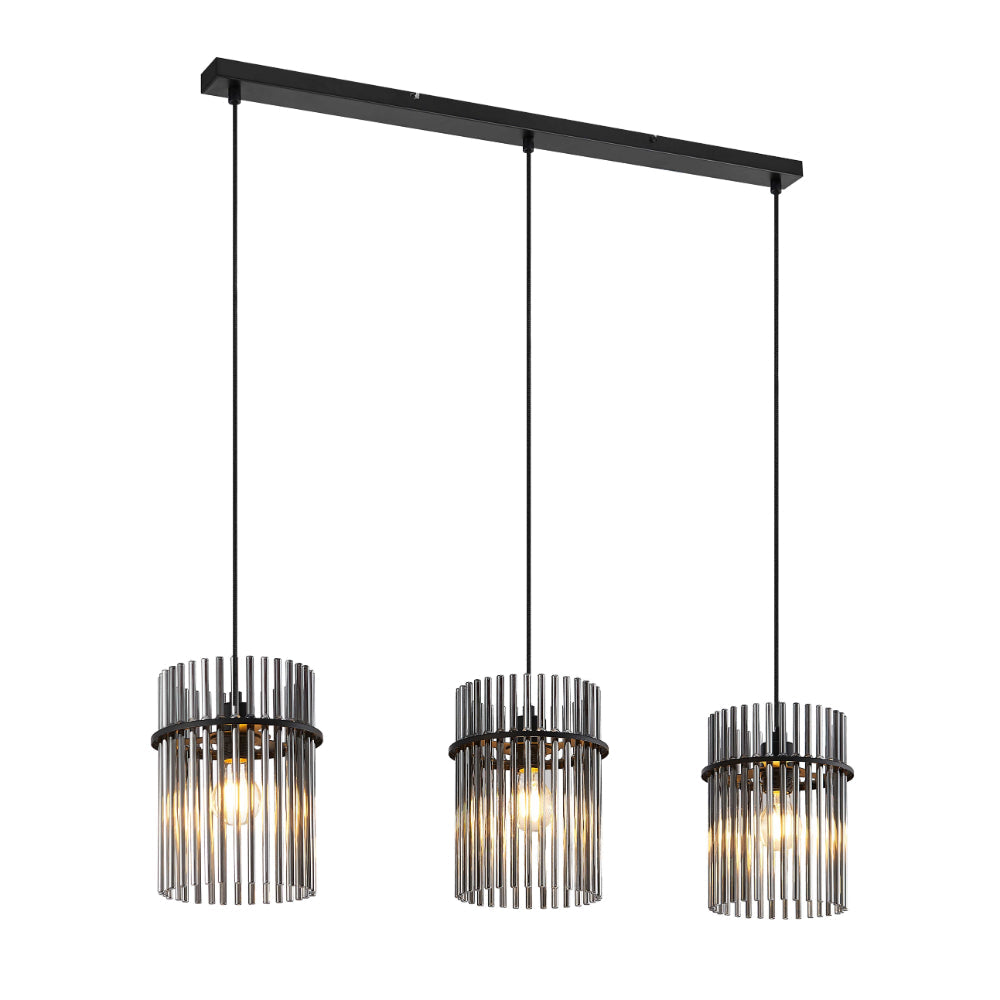 Quilo 3 Light Bar Black with Smoke Fluted Glass Modern Pendant