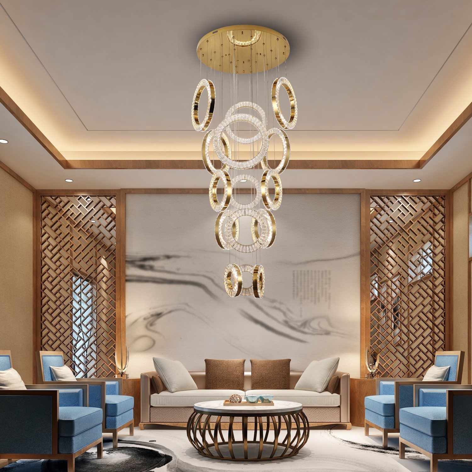 Ronda 15 Ring Cluster Gold and Crystal Tri-Colour Remote Controlled Chandelier