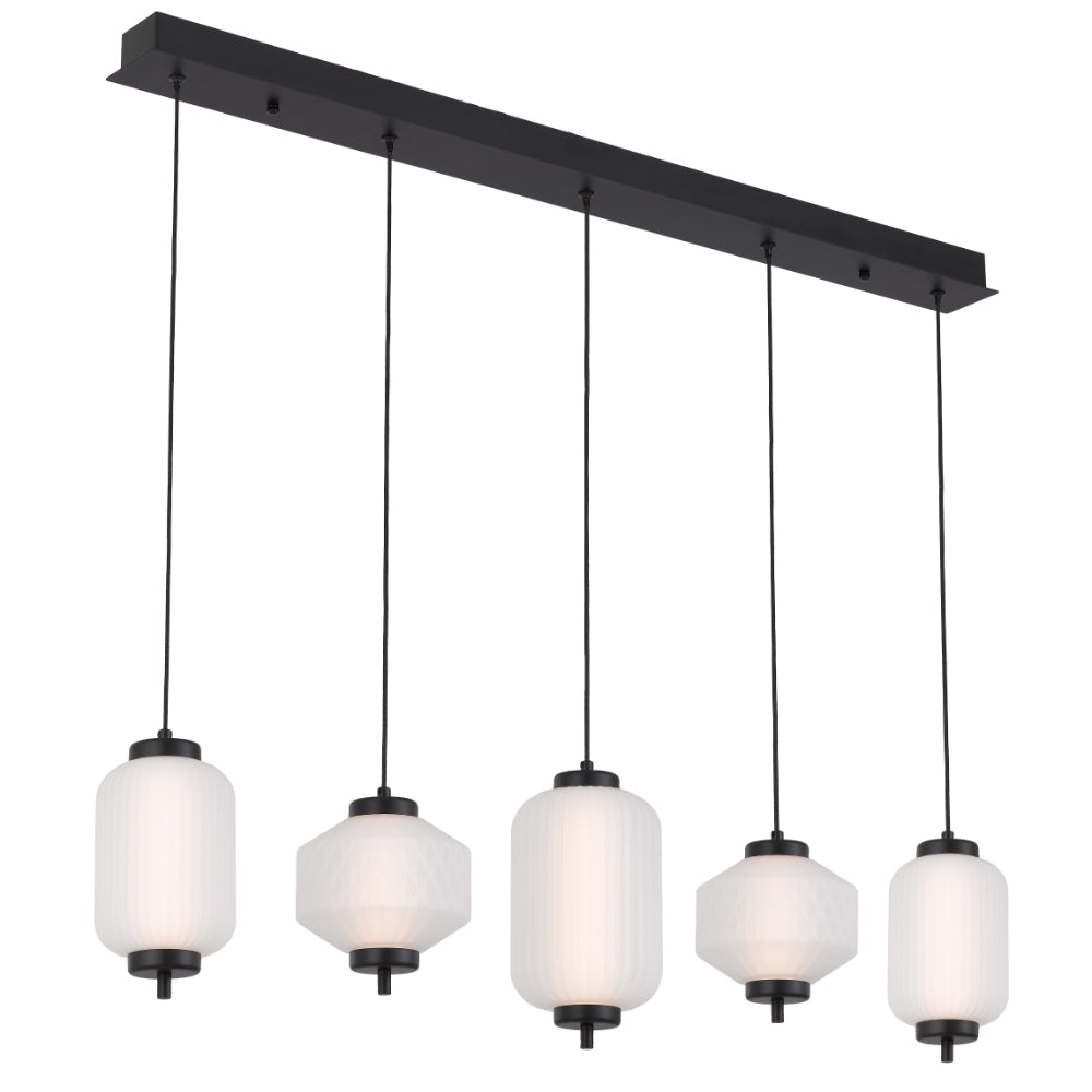 Torso 5 Light Bar Black Contemporary Warm White LED Pendant Light with Textured Glass