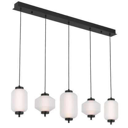 Torso 5 Light Bar Black Contemporary Warm White LED Pendant Light with Textured Glass