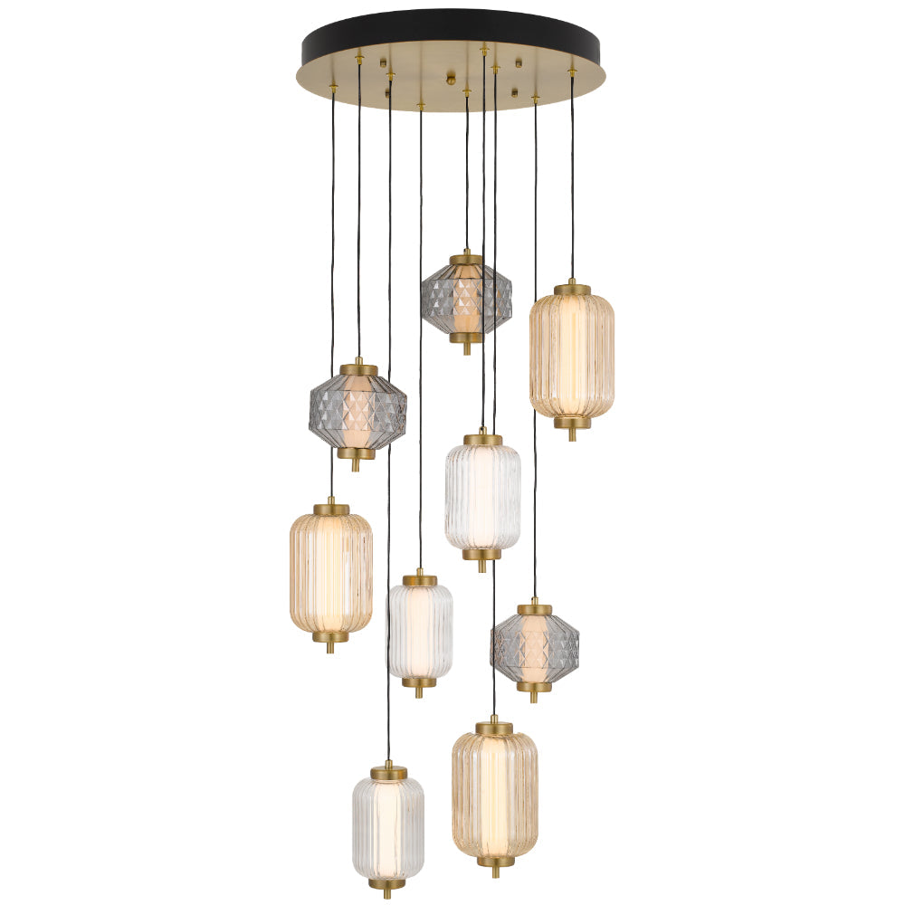 Torso 9 Light Cluster Brass Contemporary Warm White LED Pendant Light with Textured Glass