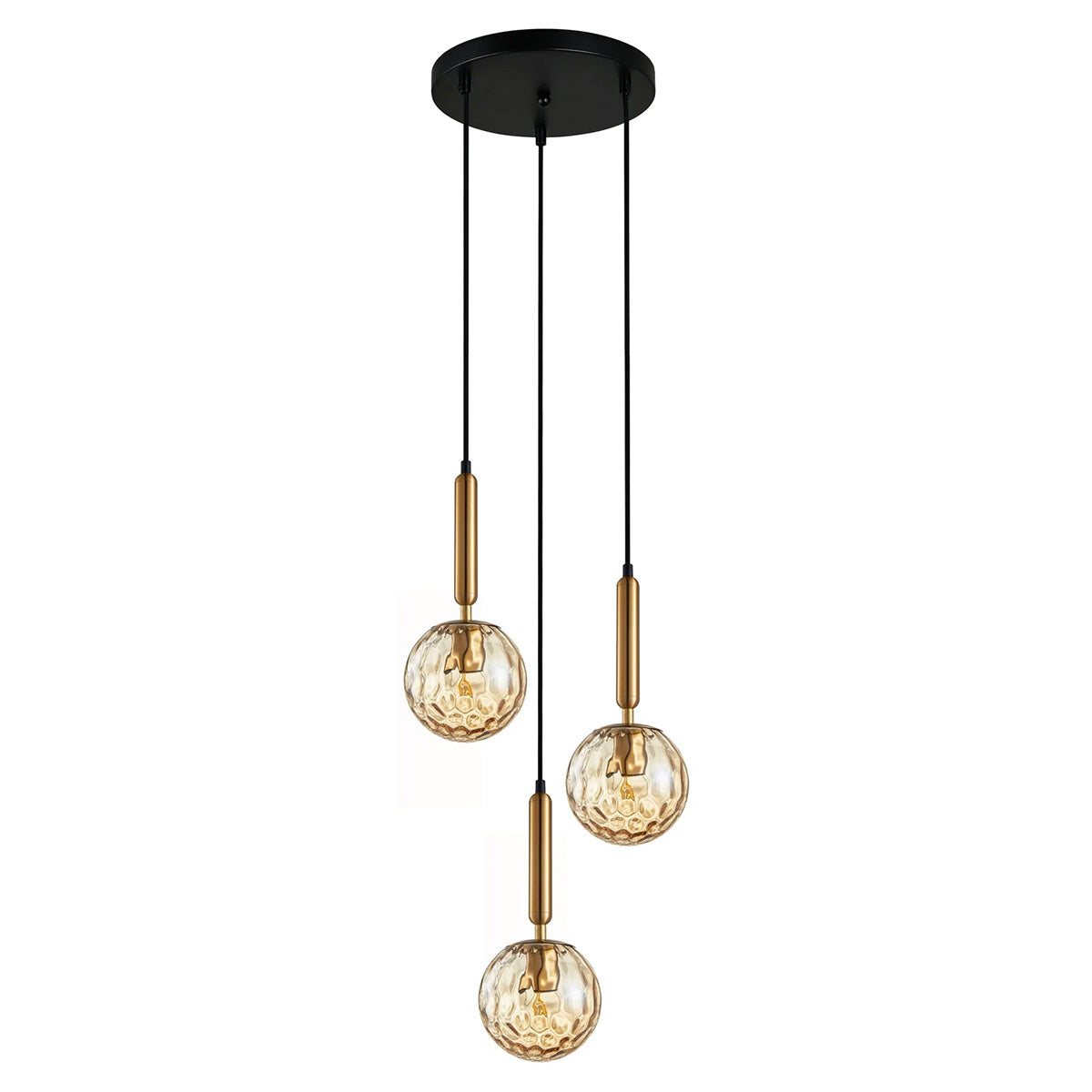 Trattino 3-Light Cluster Bronze and Amber Spherical Dimple Glass Pendant