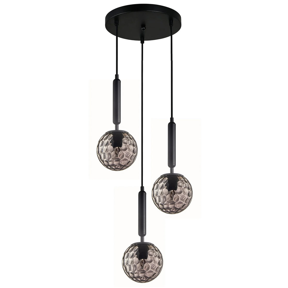 Trattino 3-Light Cluster Black and Smoke Spherical Dimple Glass Pendant