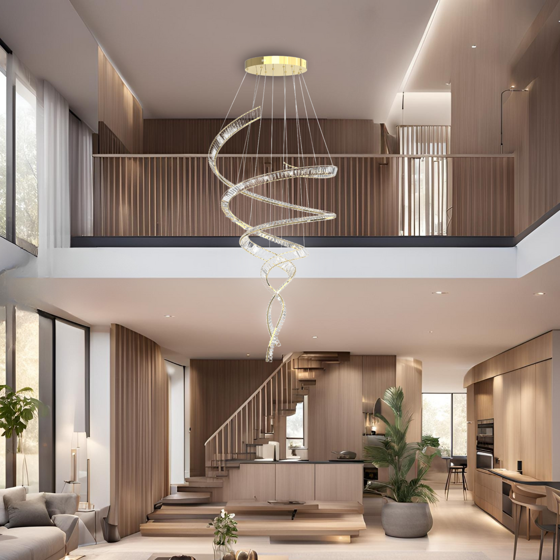 Triana 1000mm Spiral Gold and Crystal Tri-Colour Remote Controlled Chandelier