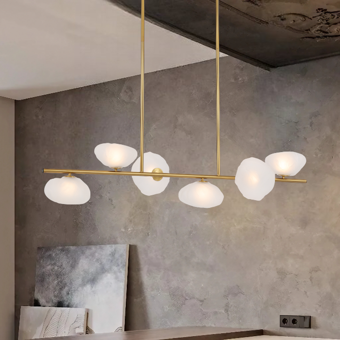 Zecca 6 Light Antique Gold with Frost Textured Glass Contemporary Linear Pendant