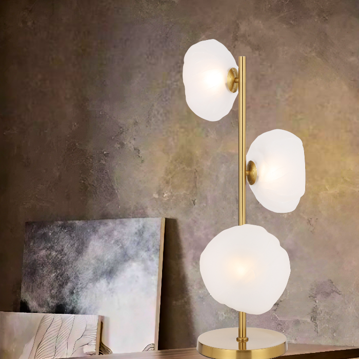 Zecca 3 Light Antique Gold with Frost Textured Glass Contemporary Table Lamp