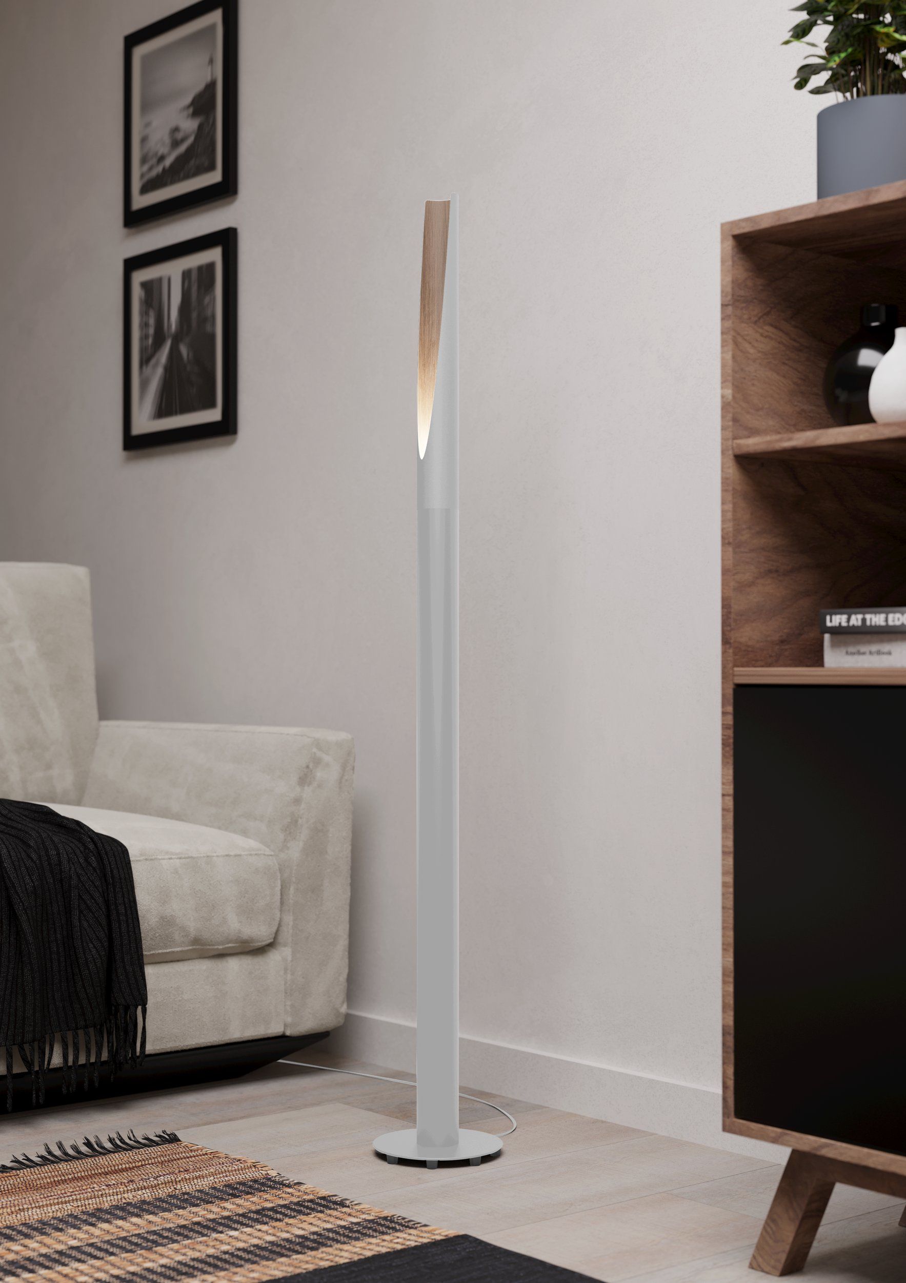 Barbotto White and Timber Cylindrical Floor Lamp
