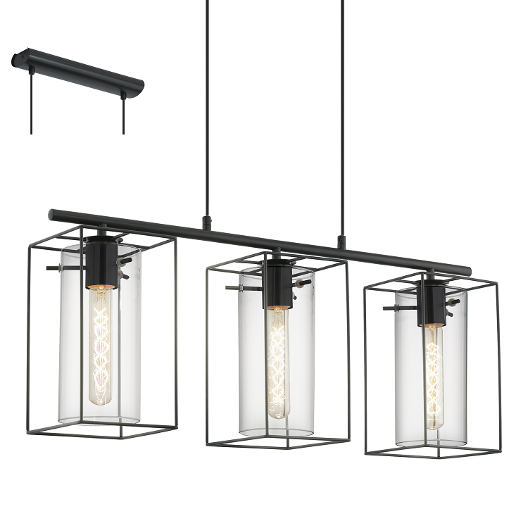 Loncino 3 Light Bar Box Frame and Smoke Cylinder Glass Pendant