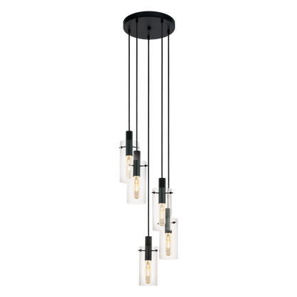 Montefino 5 Light Clear Glass Cylinder and Black Pendant